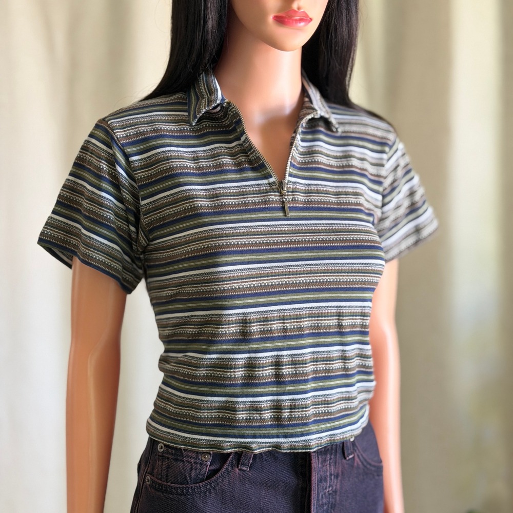 Vtg 90s Utility Striped Quarter Zip Polo Top Olive Green Brown Grunge Mens XXS